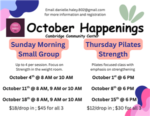Listing of October Classes for Fitness by Danielle. Sunday Morning Small Group and Thursday Pilates